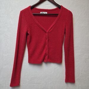 Woman’s Fuzzy Cropped Sweater Top V-neck Very Soft Sz Small Red Y2K Ribbed